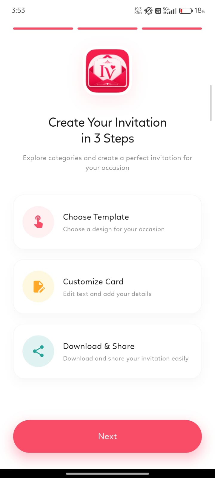 Create Your Invitation in 3 Steps screen