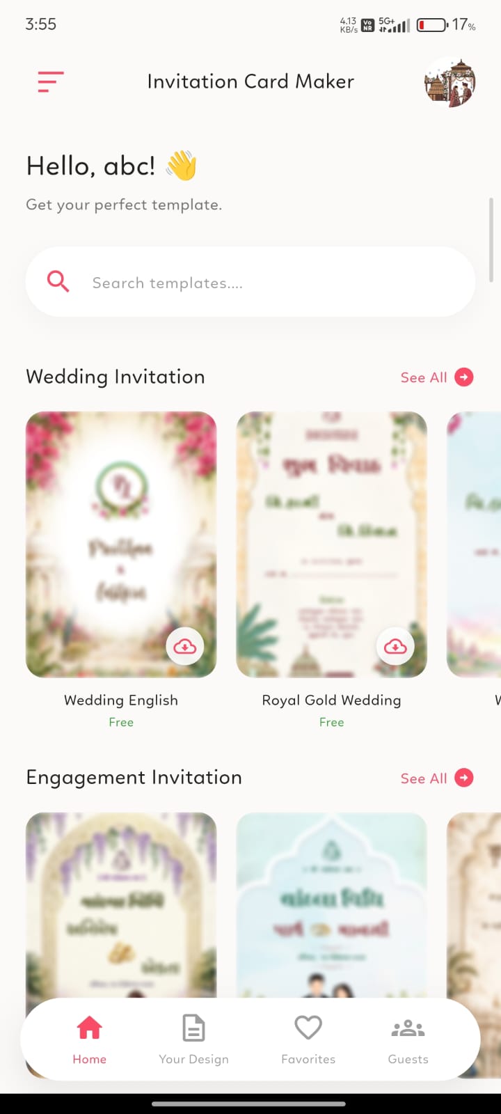 Home dashboard with template categories